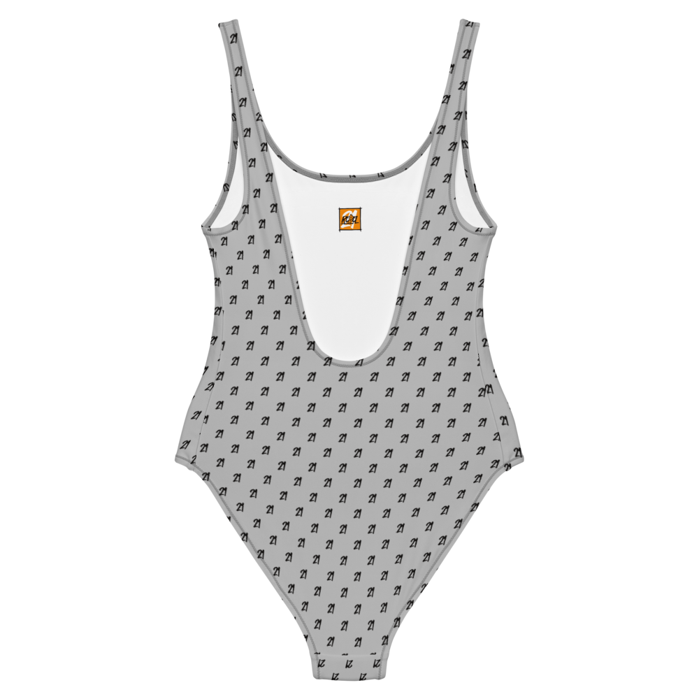 Back view of a silver grey bitcoin swimsuit.