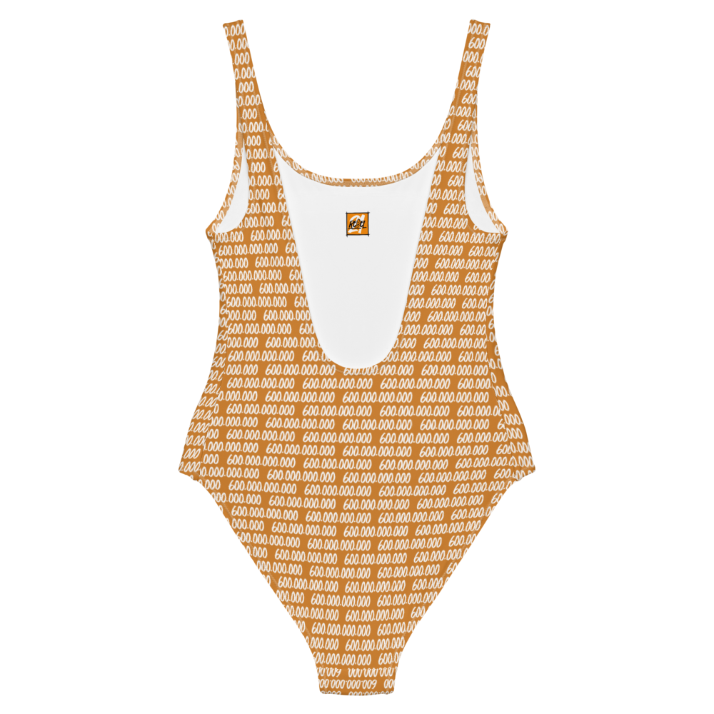 Back view of an orange bitcoin swimsuit.