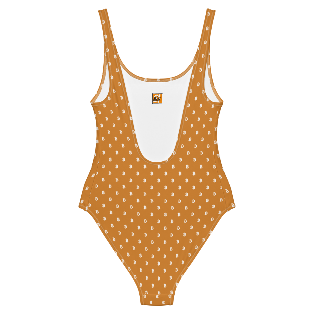 Back view of an orange bitcoin swimsuit.