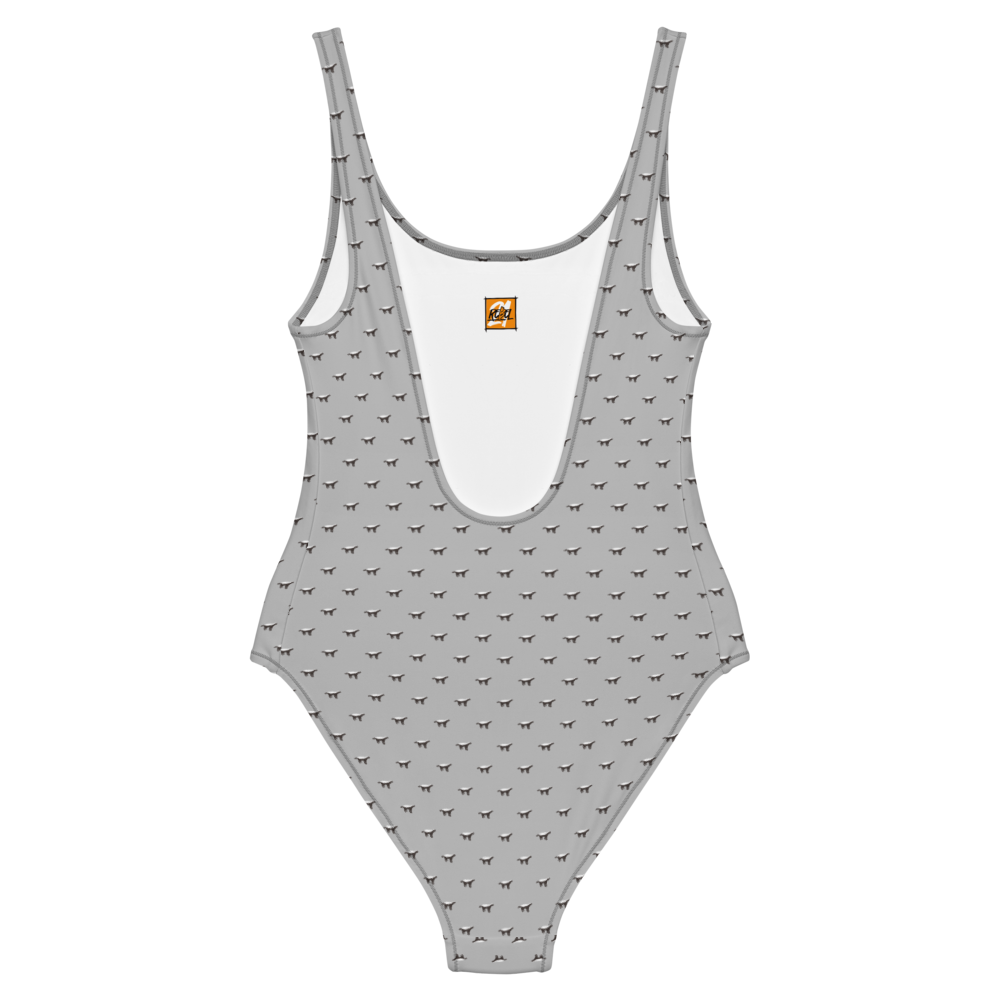 Back view of a silver grey bitcoin swimsuit.