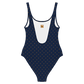 Back view of a navy blue bitcoin swimsuit.