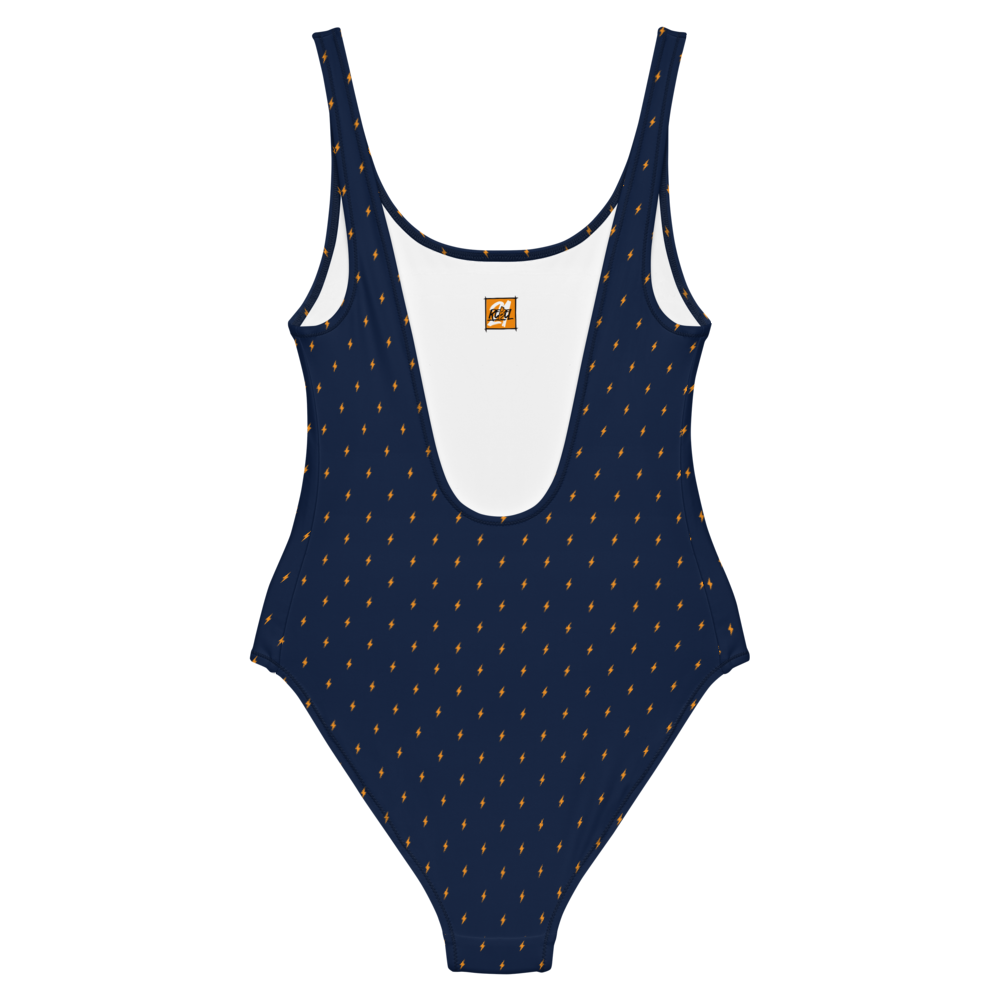 Back view of a navy blue bitcoin swimsuit.