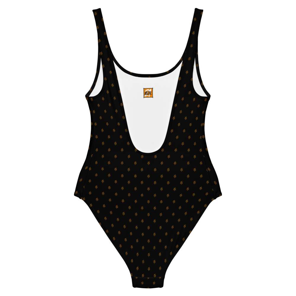 Back view of a black bitcoin swimsuit.