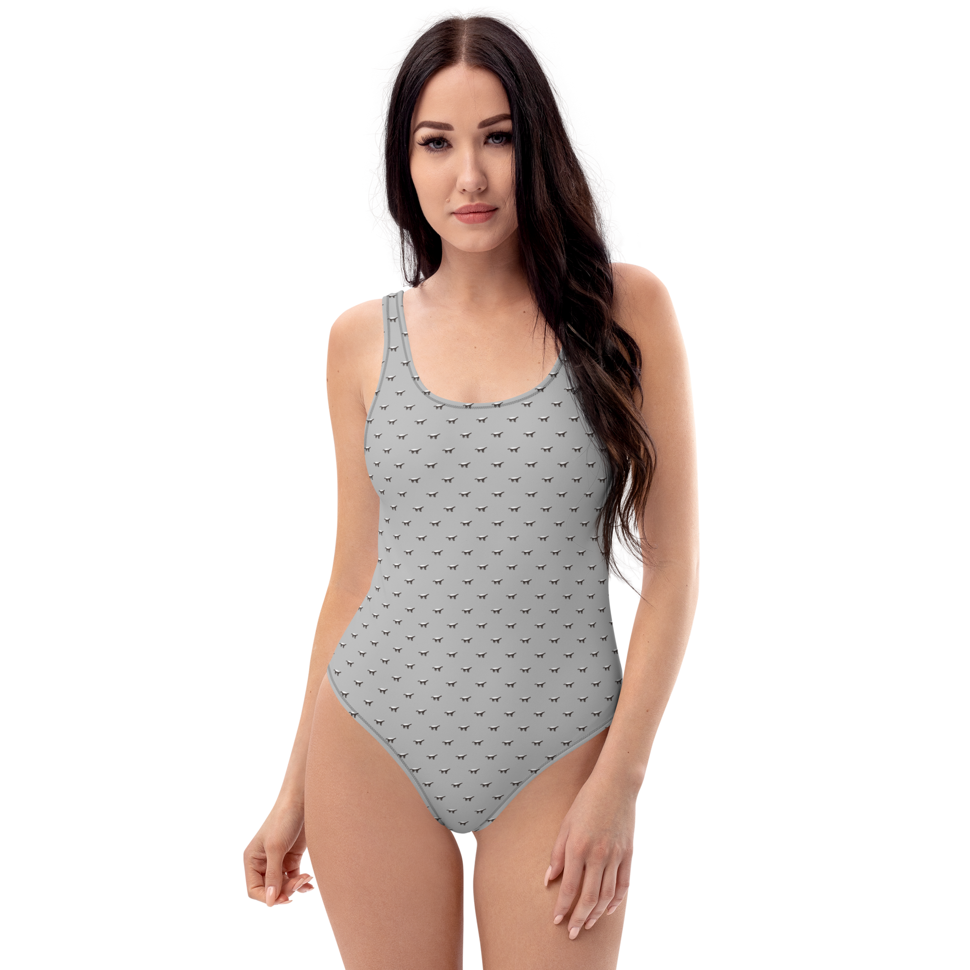 Front view of a woman wearing a silver grey bitcoin swimsuit.