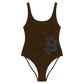 Front view of a black bitcoin swimsuit.