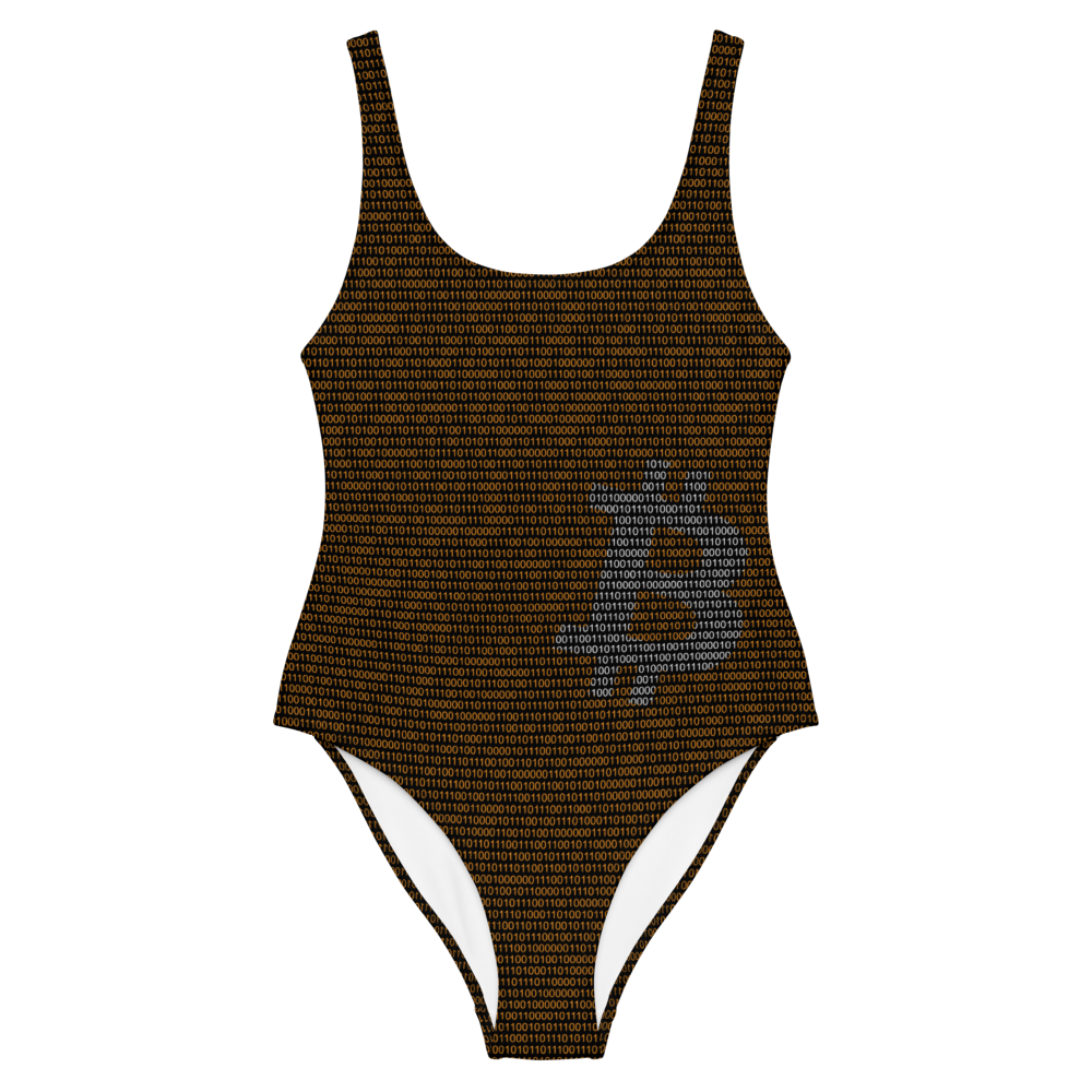 Front view of a black bitcoin swimsuit.