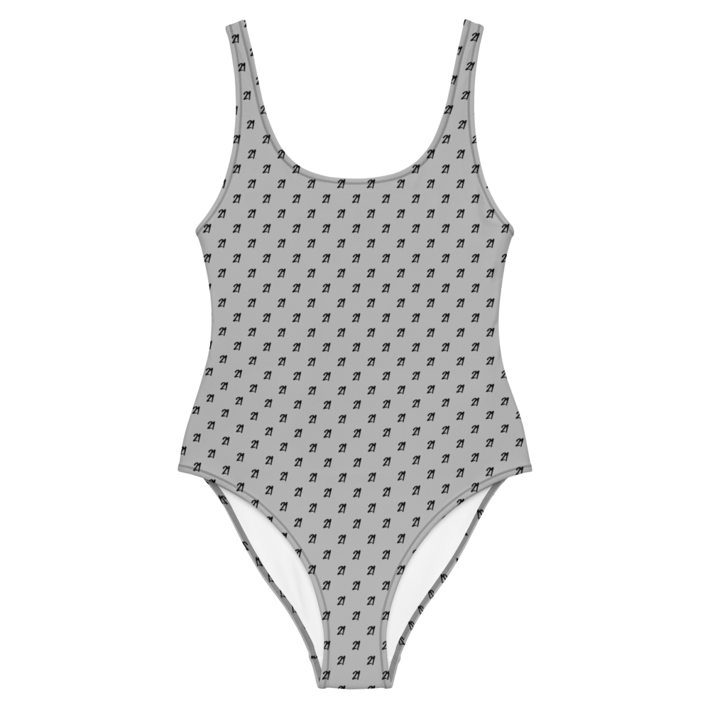 Front view of a silver grey bitcoin swimsuit.