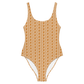 Front view of an orange bitcoin swimsuit.