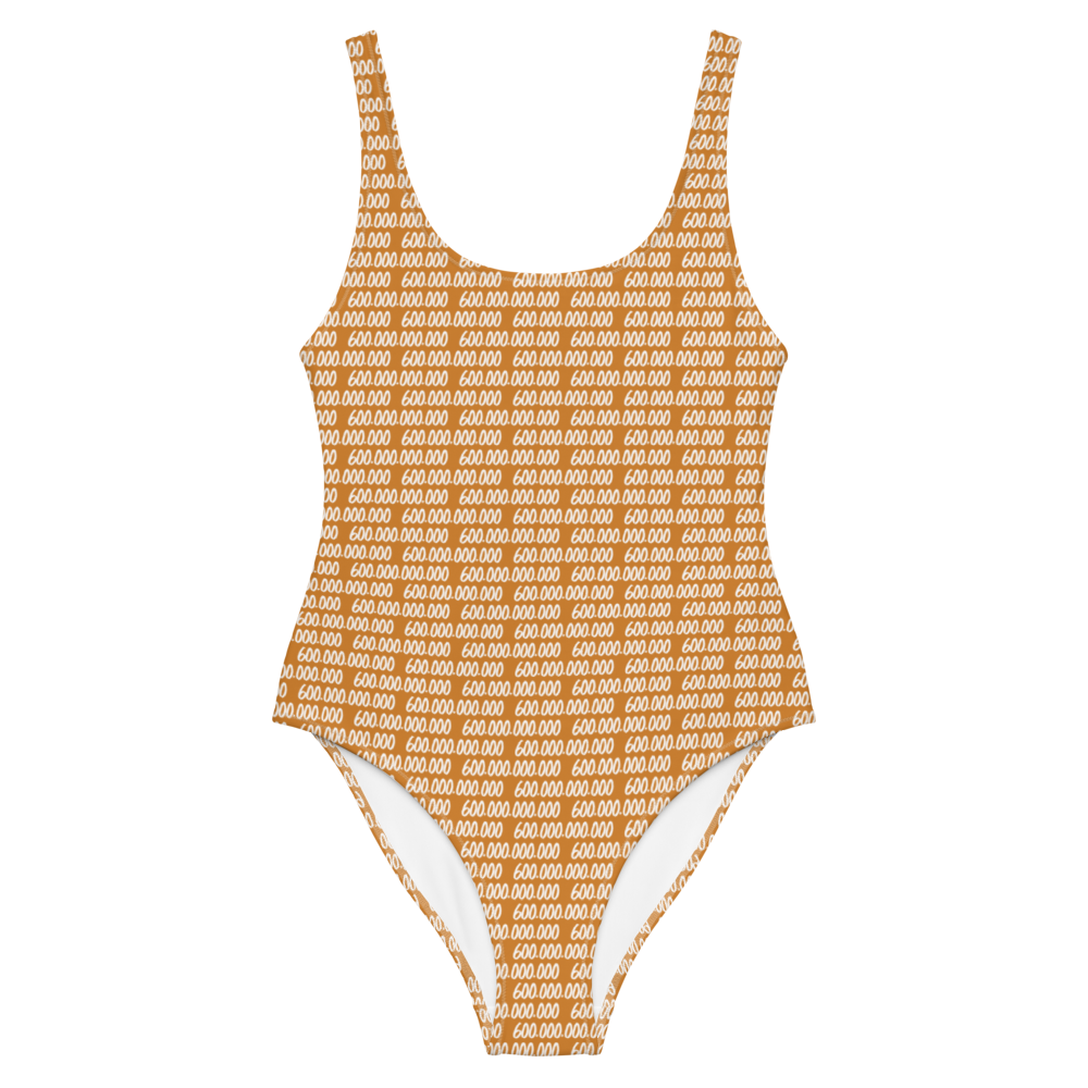 Front view of an orange bitcoin swimsuit.