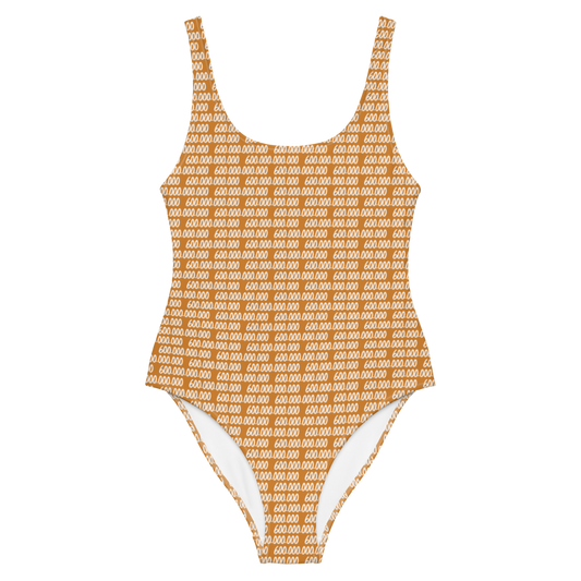 Front view of an orange bitcoin swimsuit.