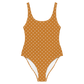 Front view of an orange bitcoin swimsuit.