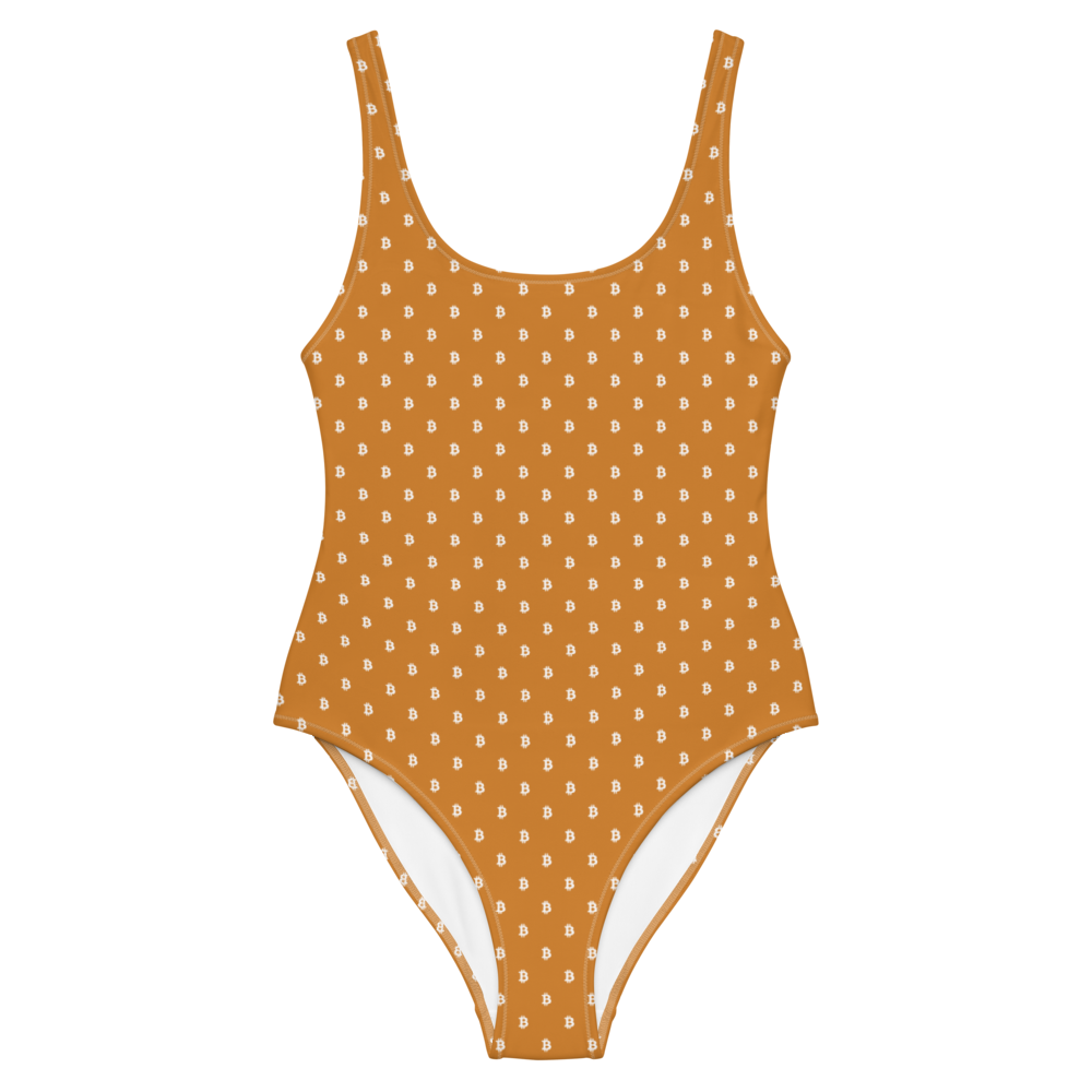 Front view of an orange bitcoin swimsuit.