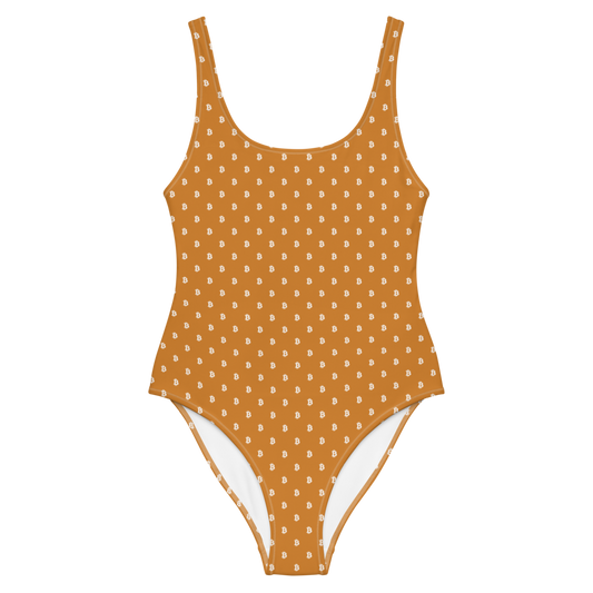 Front view of an orange bitcoin swimsuit.