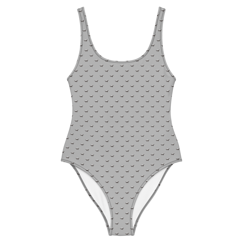 Front view of a silver grey bitcoin swimsuit.