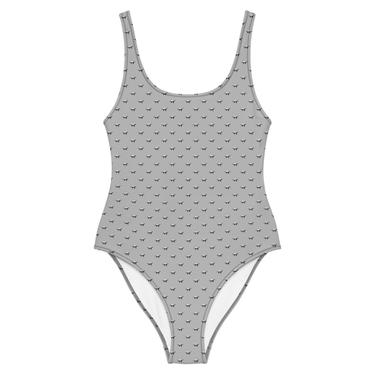 Front view of a silver grey bitcoin swimsuit.