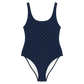 Front view of a navy blue bitcoin swimsuit.