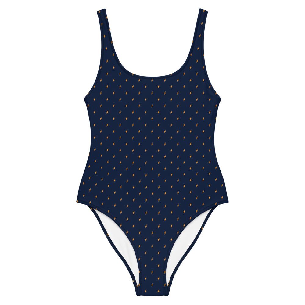 Front view of a navy blue bitcoin swimsuit.