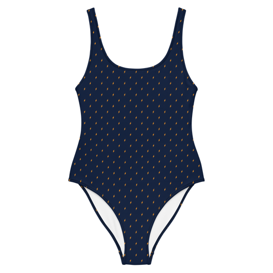 Front view of a navy blue bitcoin swimsuit.