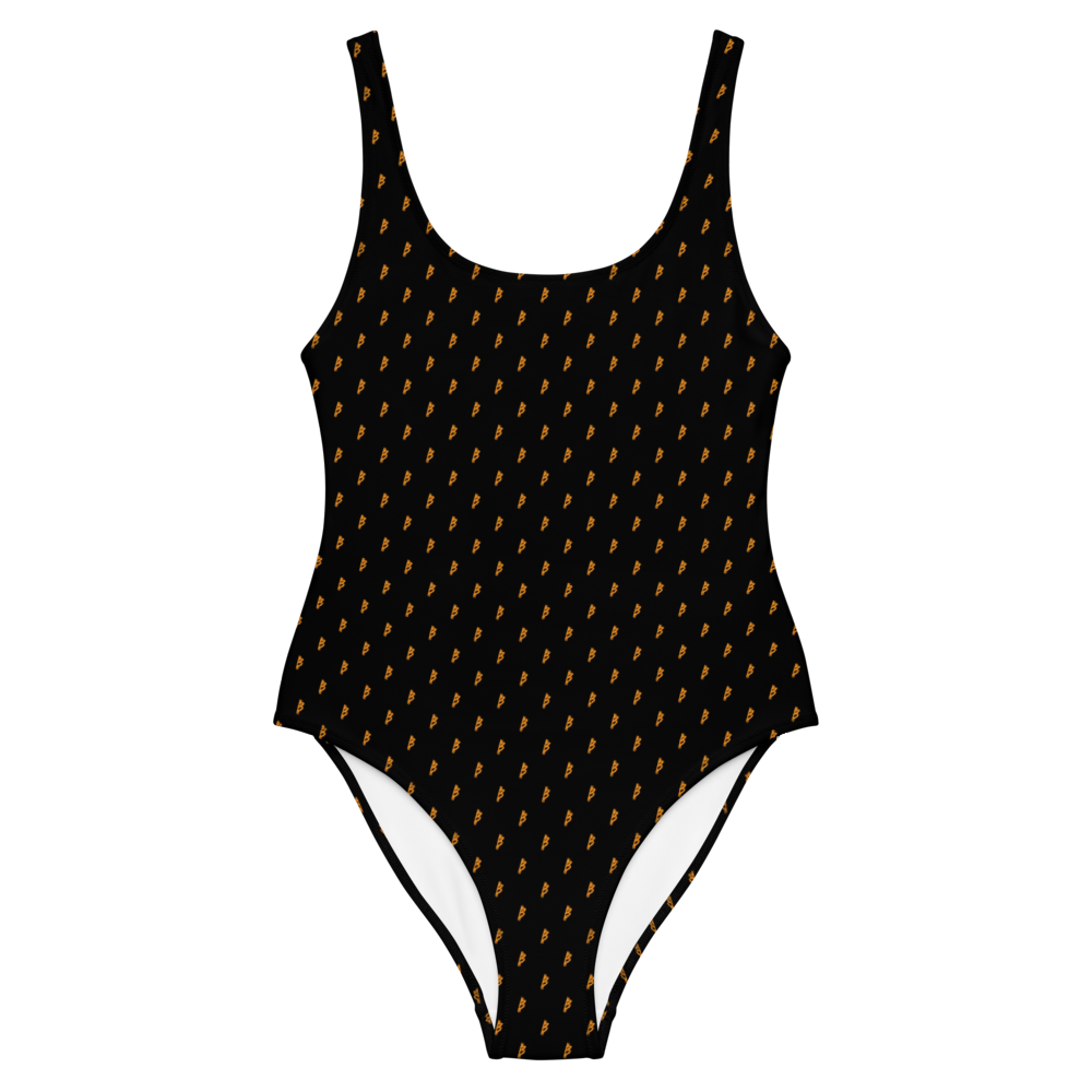 Front view of a black bitcoin swimsuit.