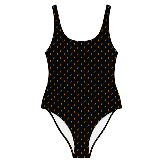 Front view of a black bitcoin swimsuit.