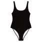 Front view of a black bitcoin swimsuit.