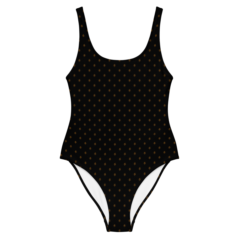 Front view of a black bitcoin swimsuit.