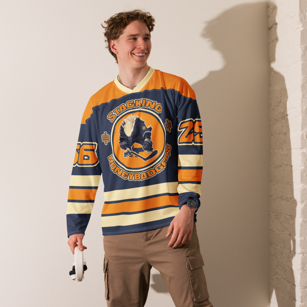 Front view of a man wearing a bitcoin hockey jersey.