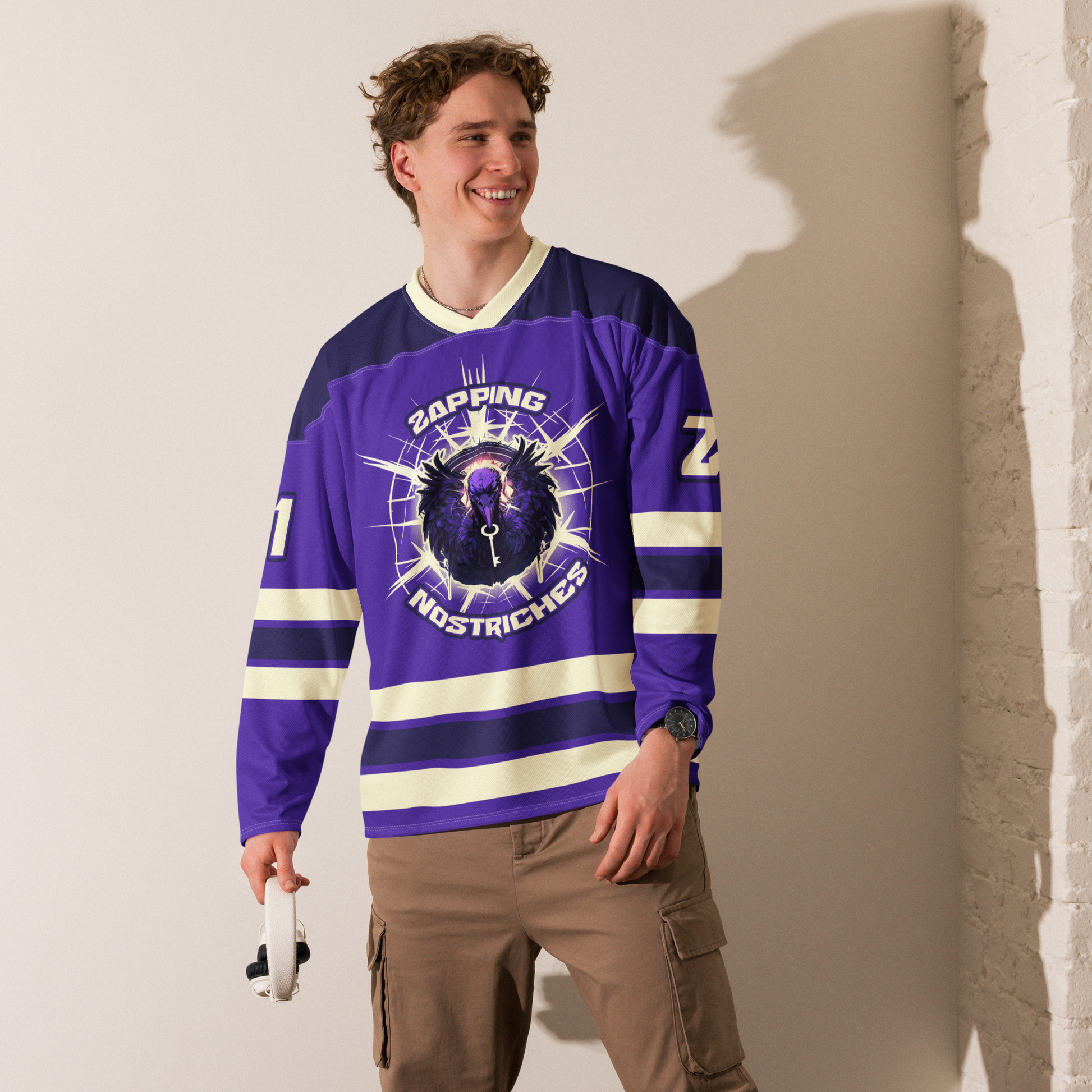 Front view of a man wearing a nostr hockey jersey.