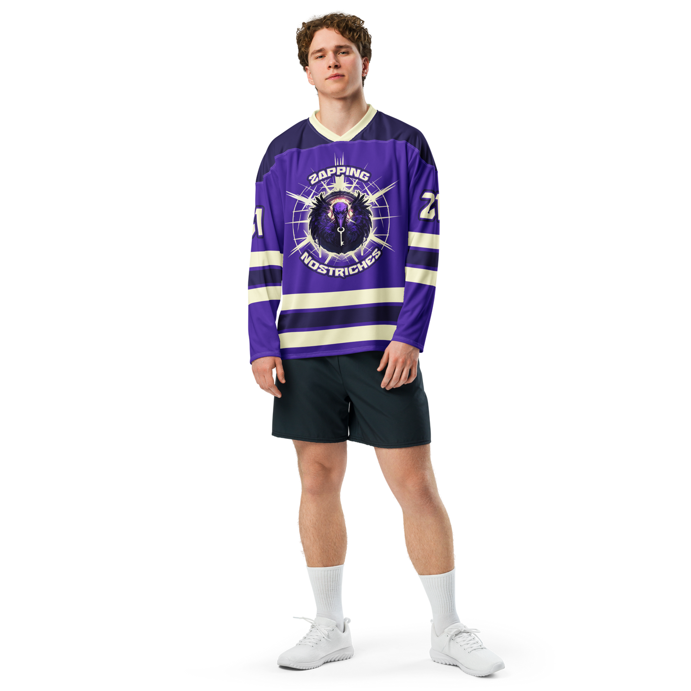 Zapping Nostriches nostr hockey jersey, front view: a purple hockey jersey with cream stripes and the Zapping Nostriches crest.