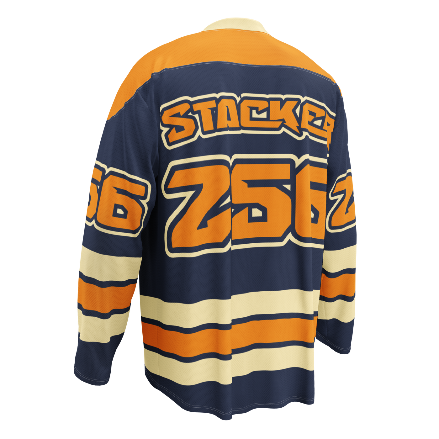Stacking Honey Badgers bitcoin hockey jersey, left back view: a navy hockey jersey with orange shoulders, cream stripes and the Stacking Honey Badgers crest.