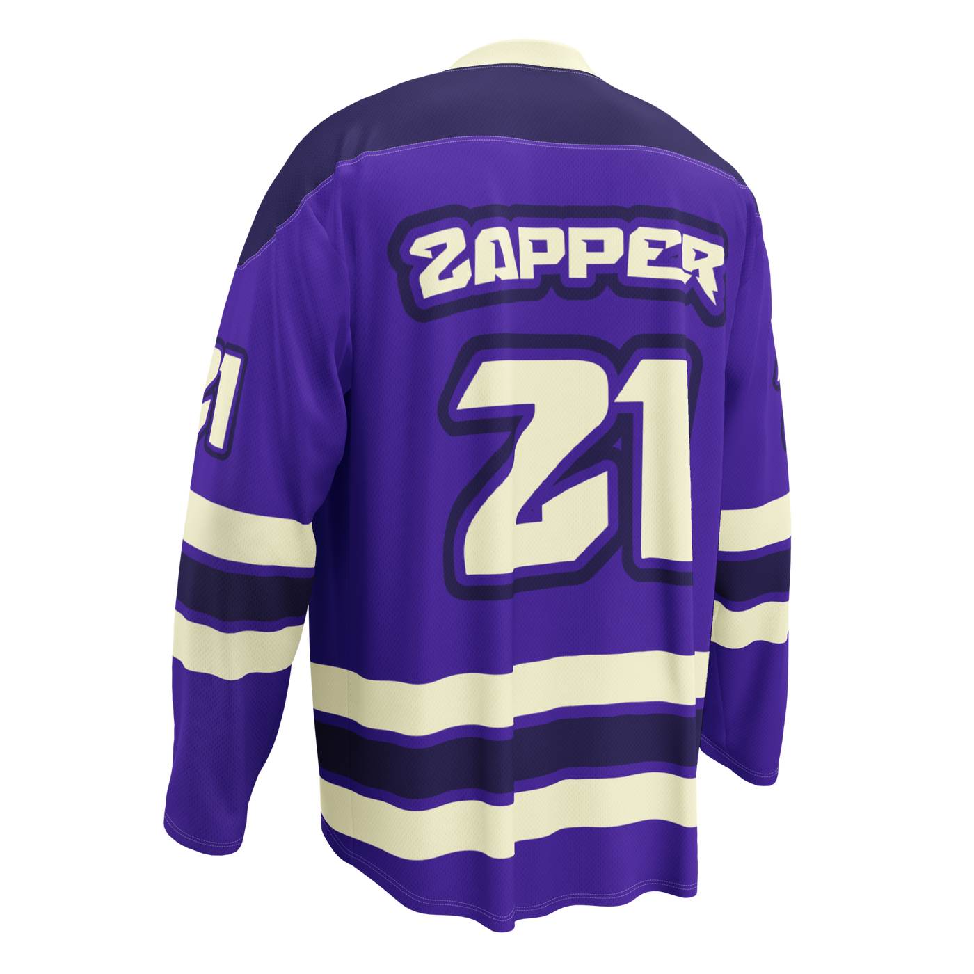 Zapping Nostriches nostr hockey jersey, left back view: a purple hockey jersey with cream stripes and the Zapping Nostriches crest.