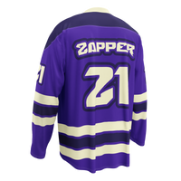 Zapping Nostriches nostr hockey jersey, left back view: a purple hockey jersey with cream stripes and the Zapping Nostriches crest.