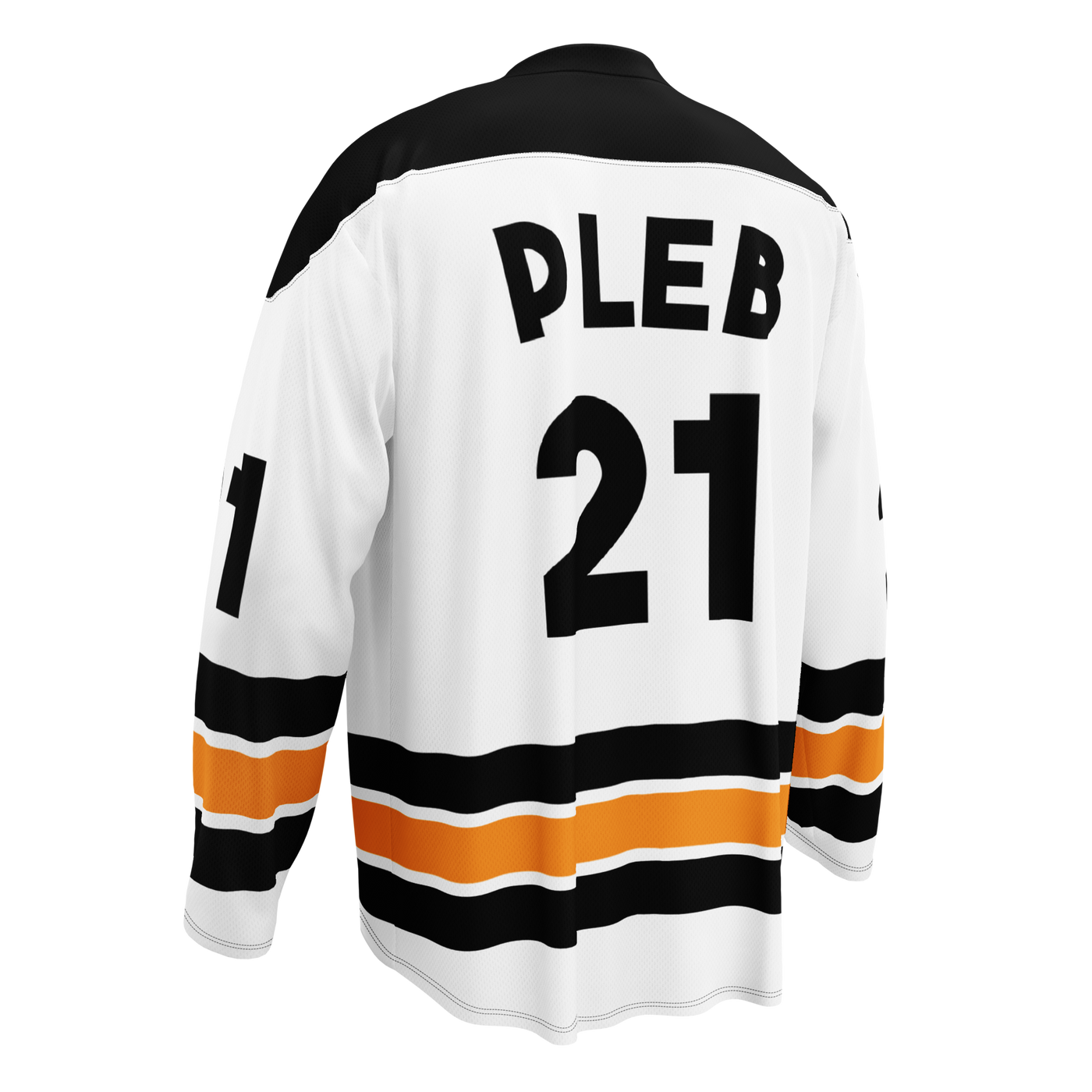 Einundzwanzig Plebs bitcoin hockey jersey, left back view: a white hockey jersey with black shoulders, orange and black stripes, the Einundzwanzig Plebs crest and the number 21.