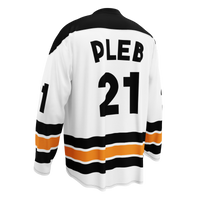 Einundzwanzig Plebs bitcoin hockey jersey, left back view: a white hockey jersey with black shoulders, orange and black stripes, the Einundzwanzig Plebs crest and the number 21.