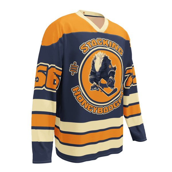 Stacking Honeybadgers Bitcoin hockey fan jersey made from recycled polyester with authentic design and eco-friendly certifications