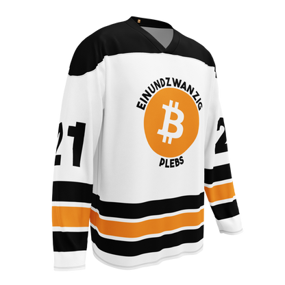 Front view of a bitcoin hockey jersey.