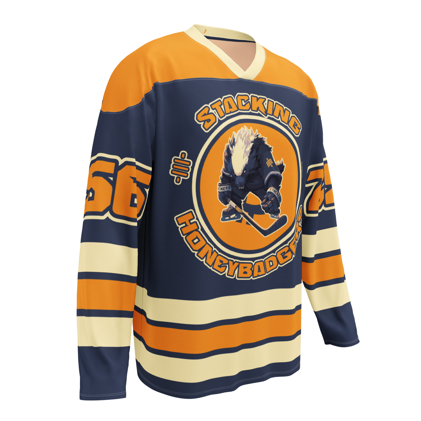 Stacking Honey Badgers bitcoin hockey jersey, right front view: a navy hockey jersey with orange shoulders, cream stripes and the Stacking Honey Badgers crest.