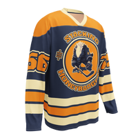 Stacking Honey Badgers bitcoin hockey jersey, right front view: a navy hockey jersey with orange shoulders, cream stripes and the Stacking Honey Badgers crest.