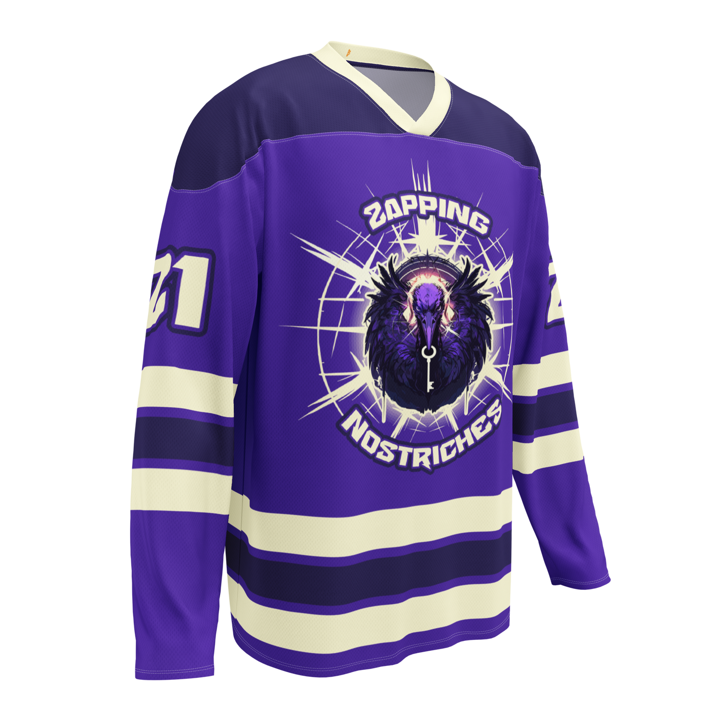 Zapping Nostriches nostr hockey jersey, right front view: a purple hockey jersey with cream stripes and the Zapping Nostriches crest.