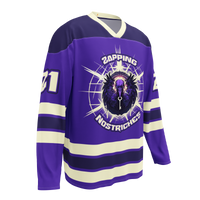 Zapping Nostriches nostr hockey jersey, right front view: a purple hockey jersey with cream stripes and the Zapping Nostriches crest.