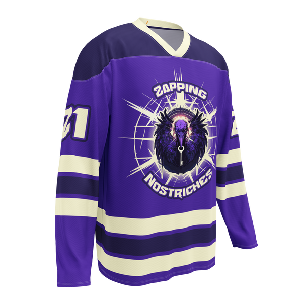 Zapping Nostriches nostr hockey jersey, right front view: a purple hockey jersey with cream stripes and the Zapping Nostriches crest.