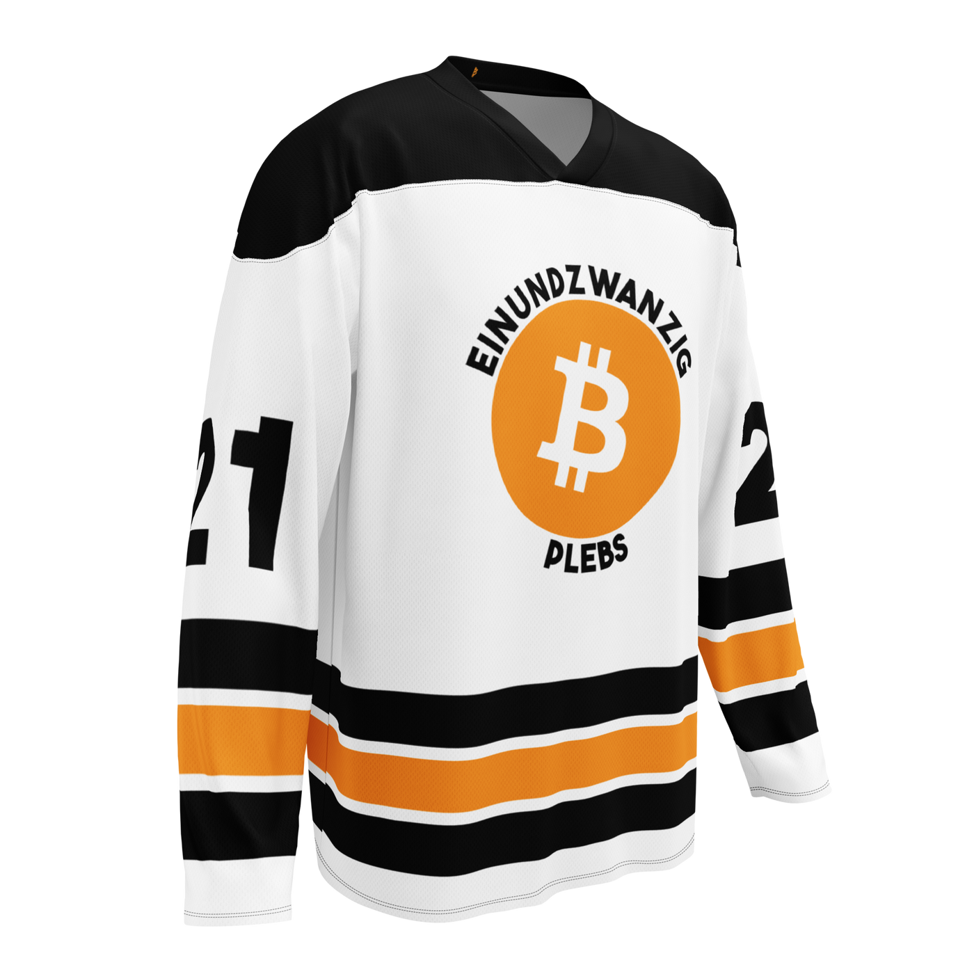 Einundzwanzig Plebs bitcoin hockey jersey, right front view: a white hockey jersey with black shoulders, orange and black stripes, the Einundzwanzig Plebs crest and the number 21.