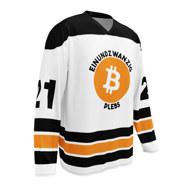 Einundzwanzig Plebs bitcoin hockey jersey, right front view: a white hockey jersey with black shoulders, orange and black stripes, the Einundzwanzig Plebs crest and the number 21.