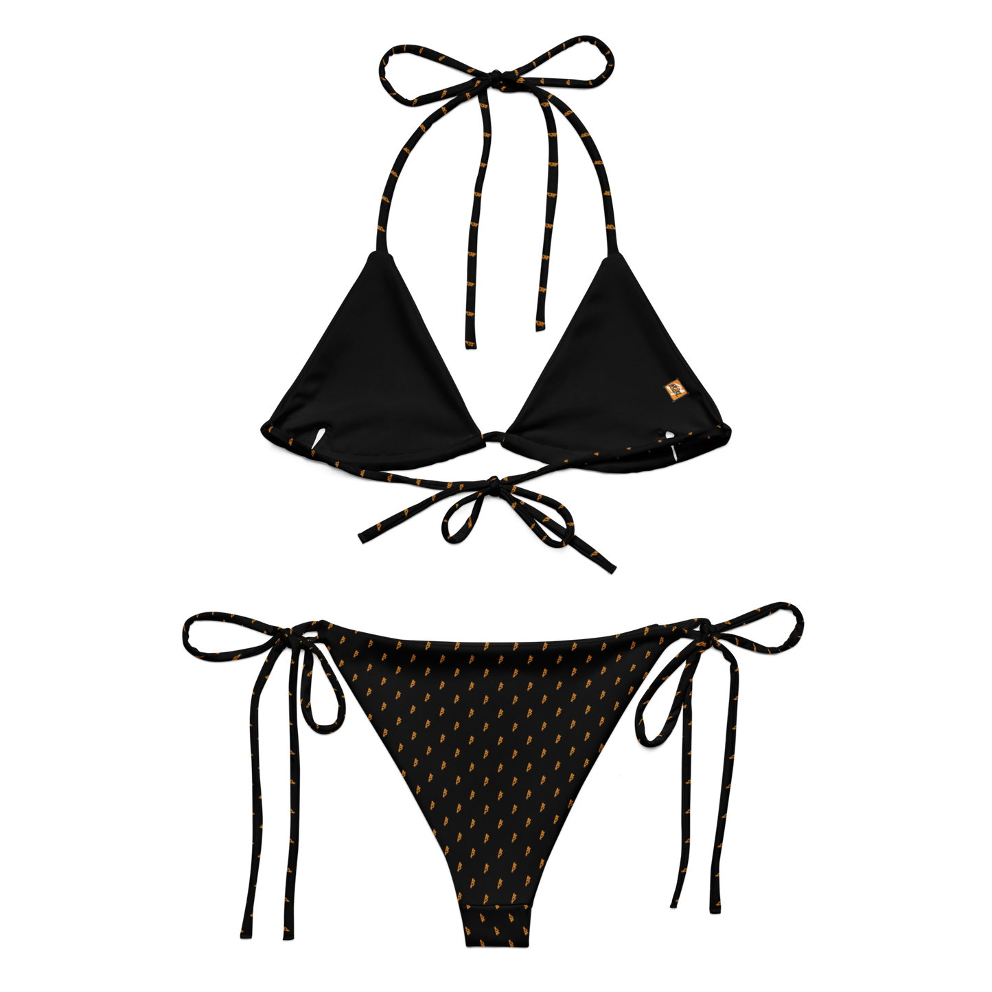 Back view of a black bitcoin bikini.