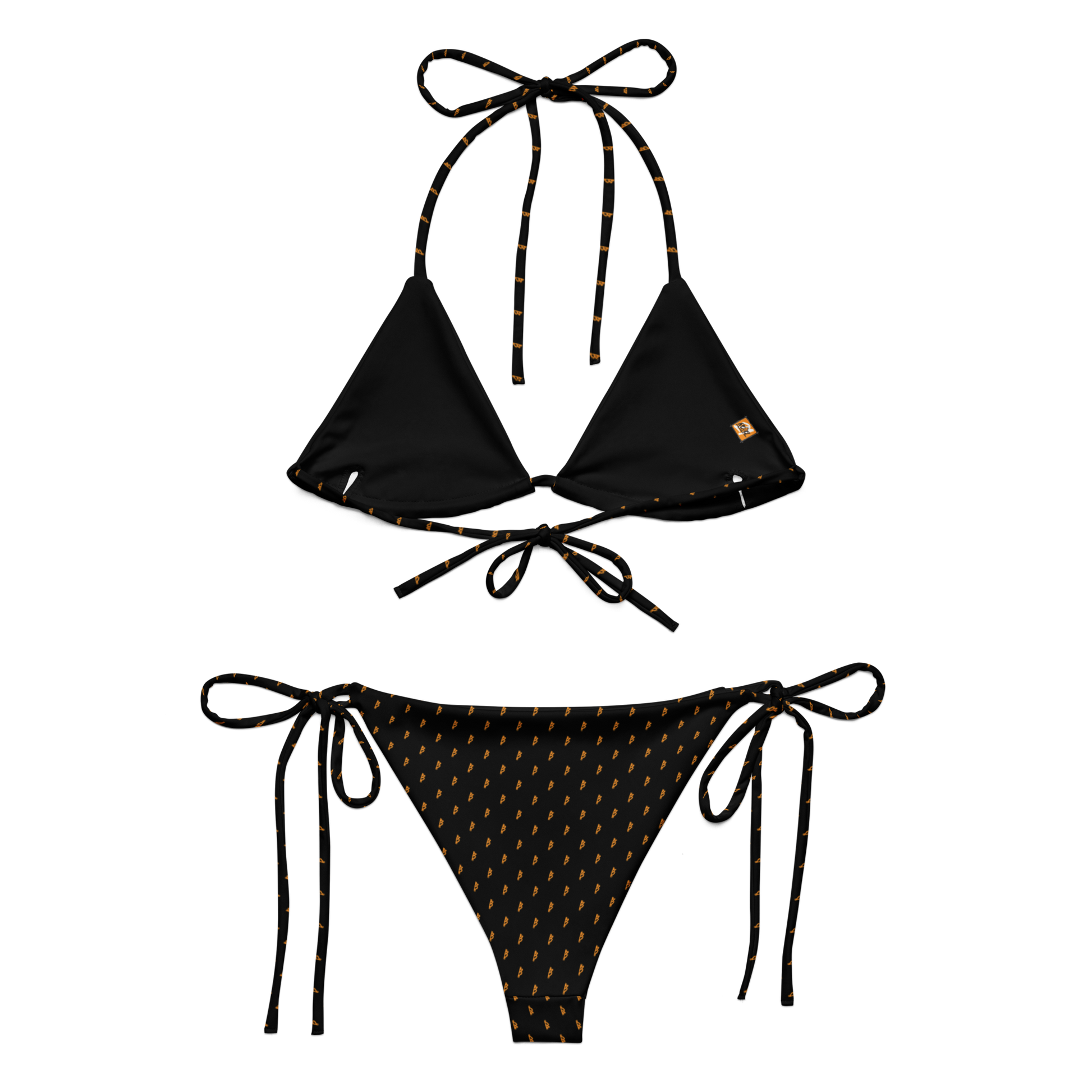 Back view of a black bitcoin bikini.