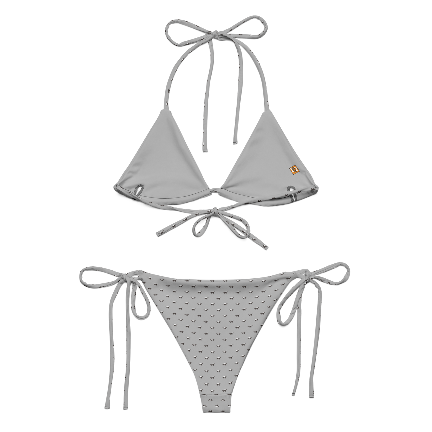 Back view of a silver bitcoin bikini.