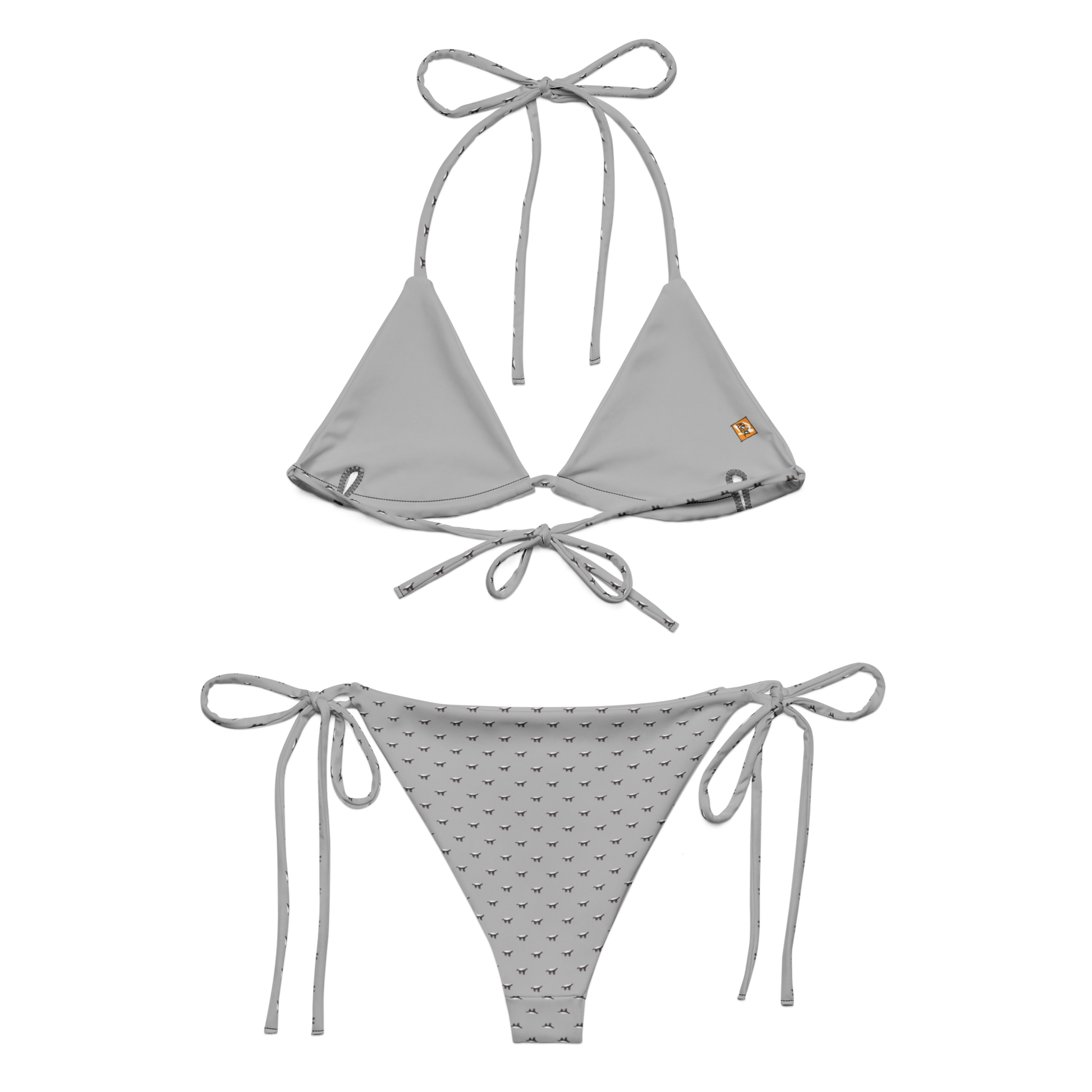 Back view of a silver bitcoin bikini.