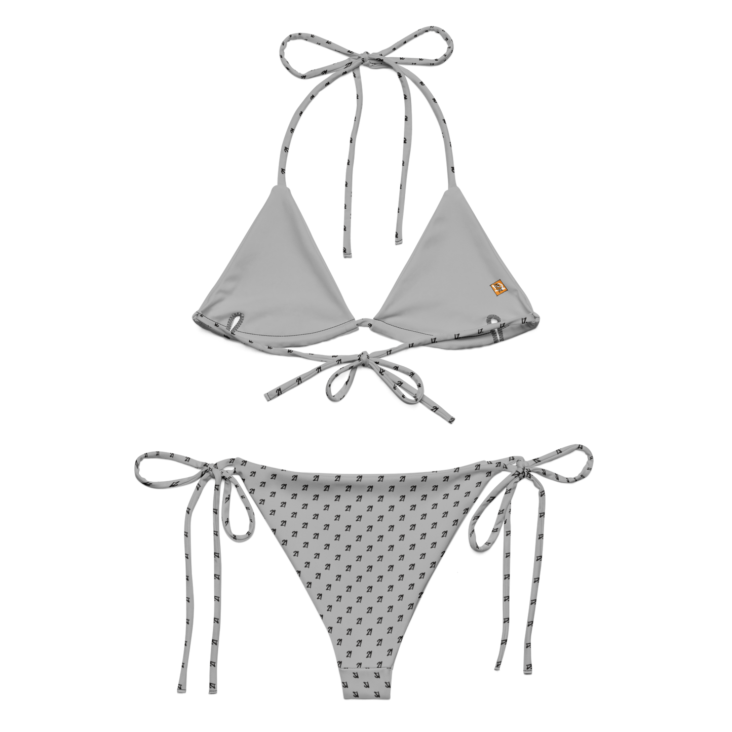 Back view of a silver bitcoin bikini.