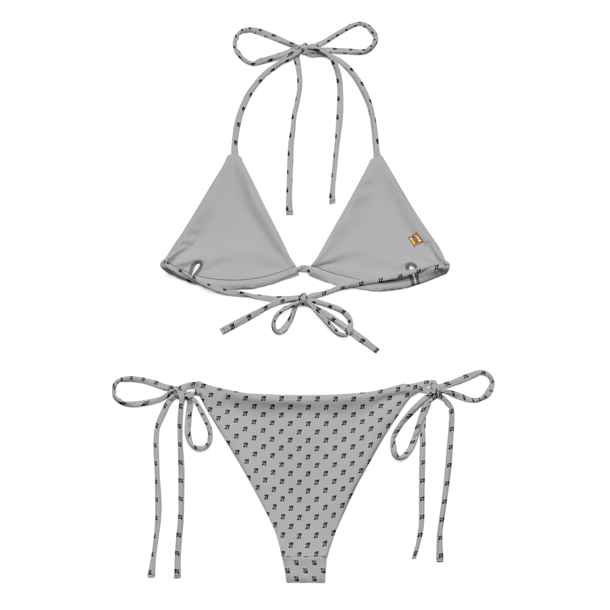 Back view of a silver bitcoin bikini.