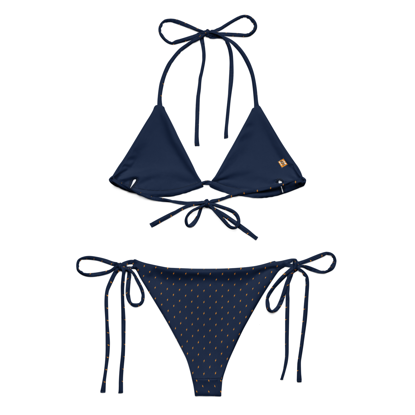 Back view of a navy blue bitcoin bikini.